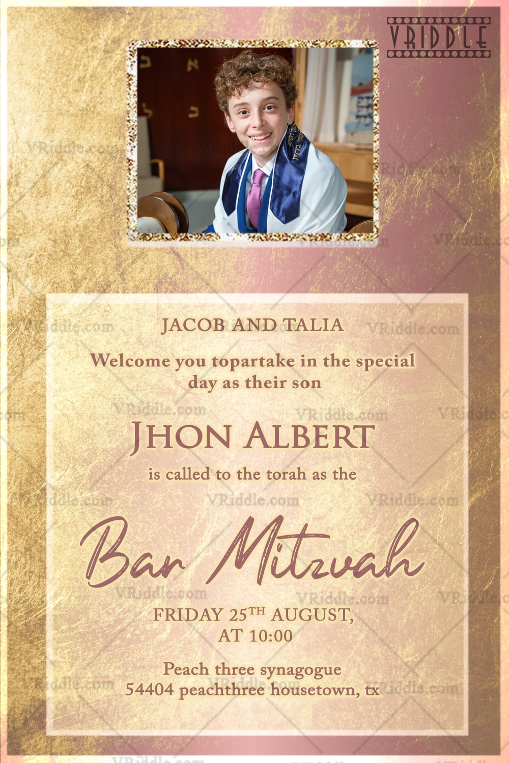 Gold-Texture Bar Mitzvah Invitation with Add Photo Image Highlight and Warm Tones
