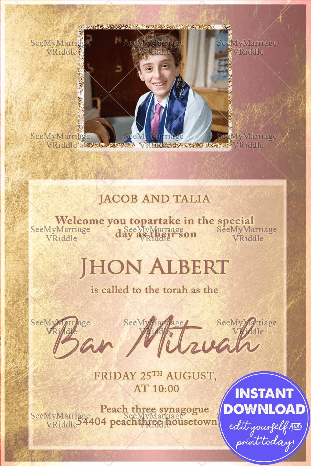 Gold-Texture Bar Mitzvah Invitation with Add Photo Image Highlight and Warm Tones