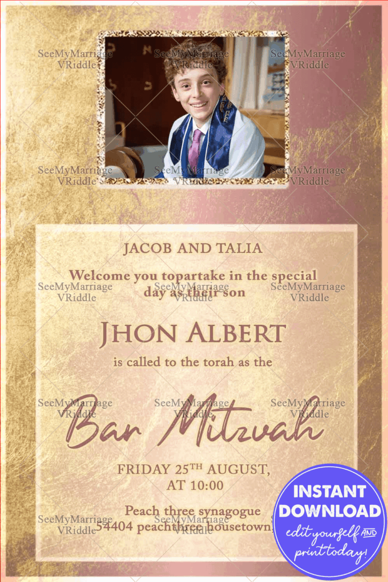 Gold-Texture Bar Mitzvah Invitation with Add Photo Image Highlight and Warm Tones