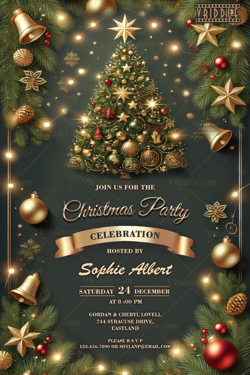 Gold and Green Christmas Party Invitation with Sparkling Tree and Ornament Accents
