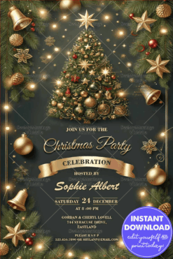 Gold and Green Christmas Party Invitation with Sparkling Tree and Ornament Accents