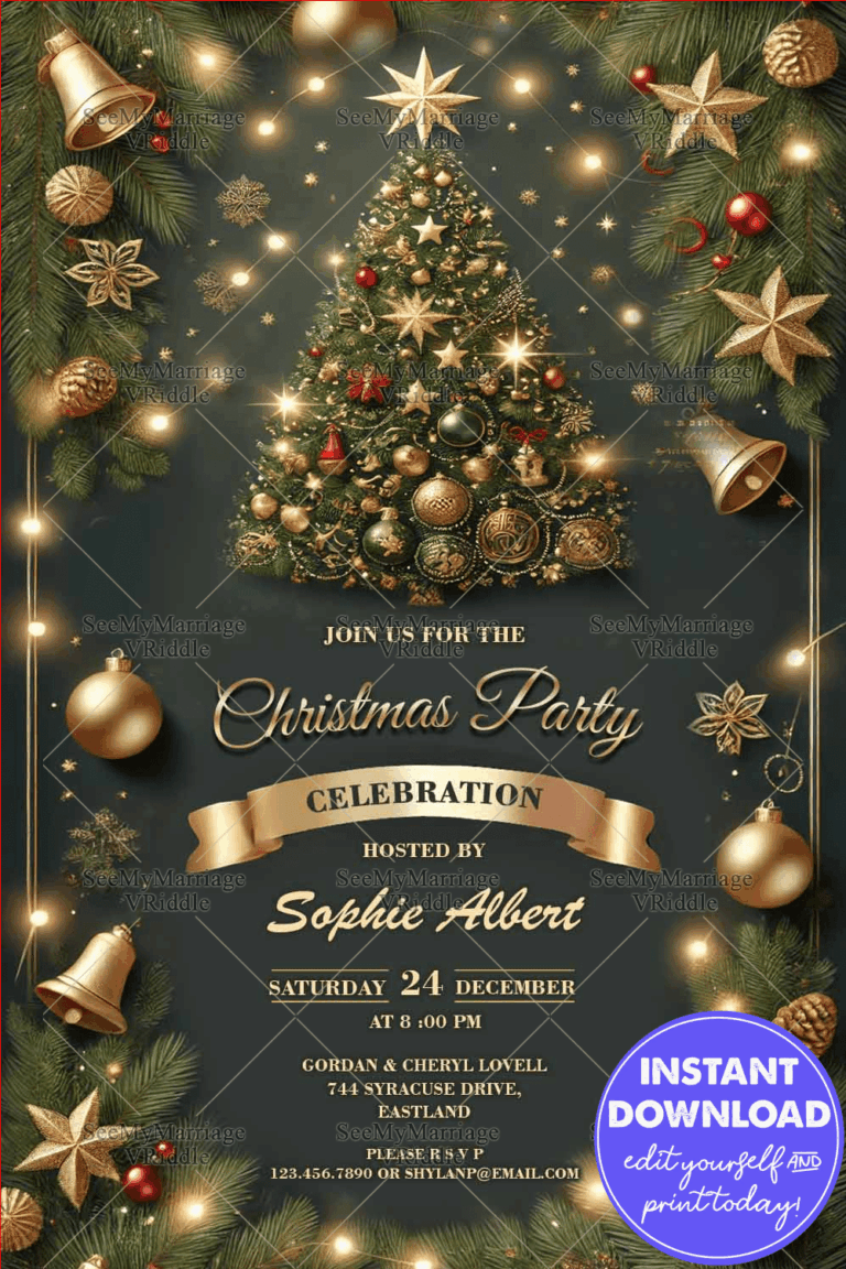 Gold and Green Christmas Party Invitation with Sparkling Tree and Ornament Accents