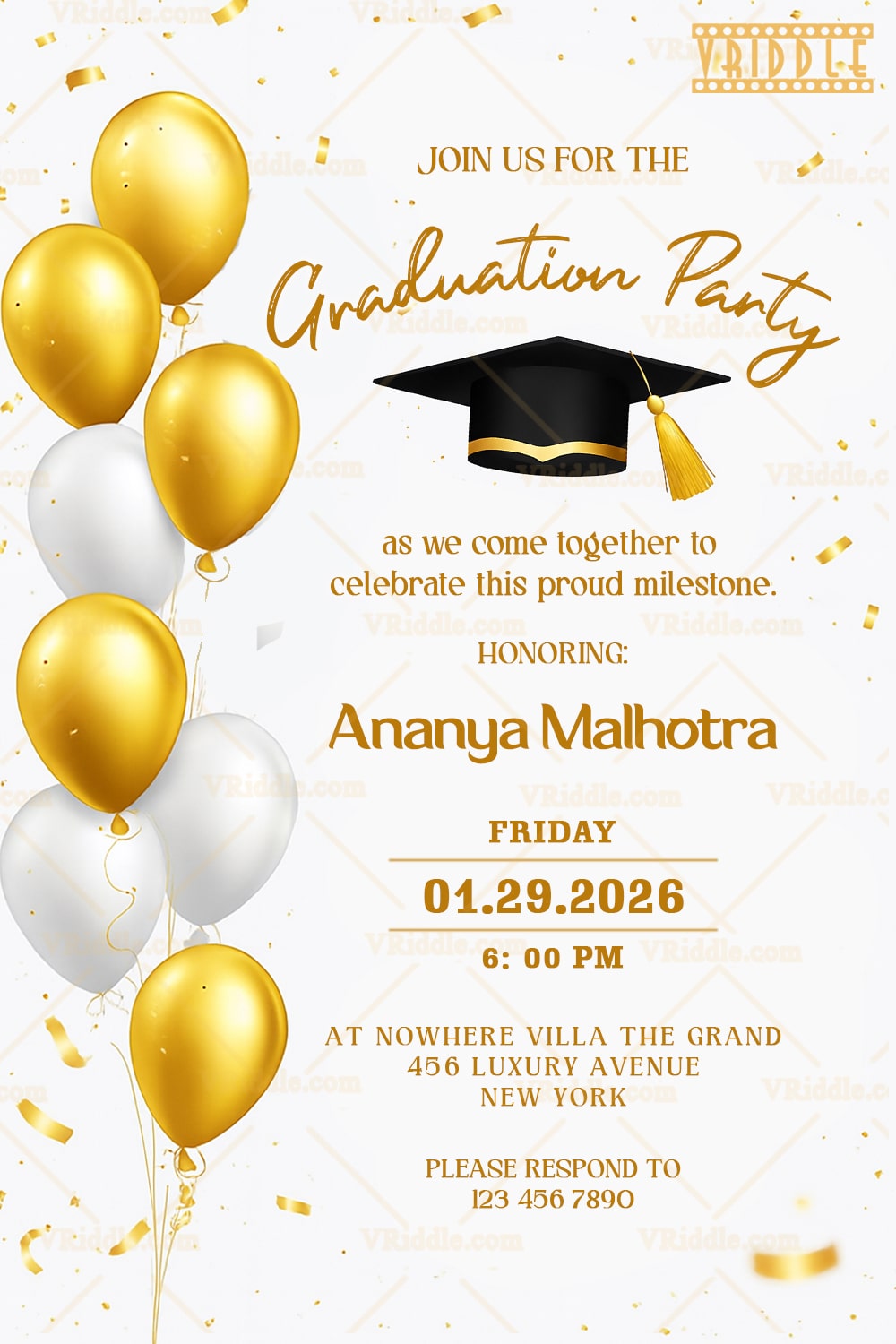 Gold and White Graduation Party Invitation with Graduation Cap and Accents Balloons