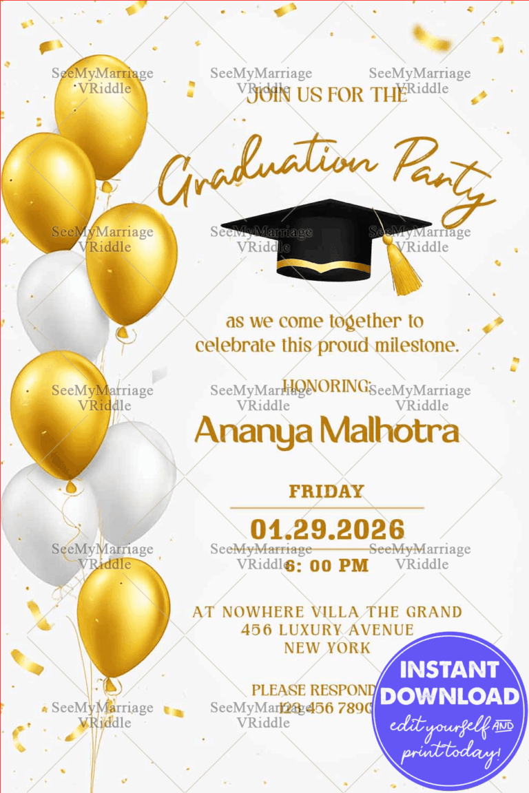 Gold and White Graduation Party Invitation with Graduation Cap and Accents Balloons