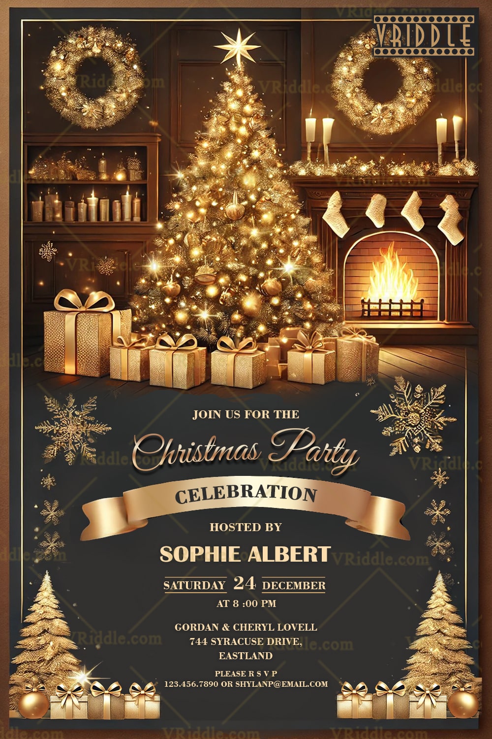 Golden Glow Christmas Party Invitation with Fireplace & Festive Decor Accents
