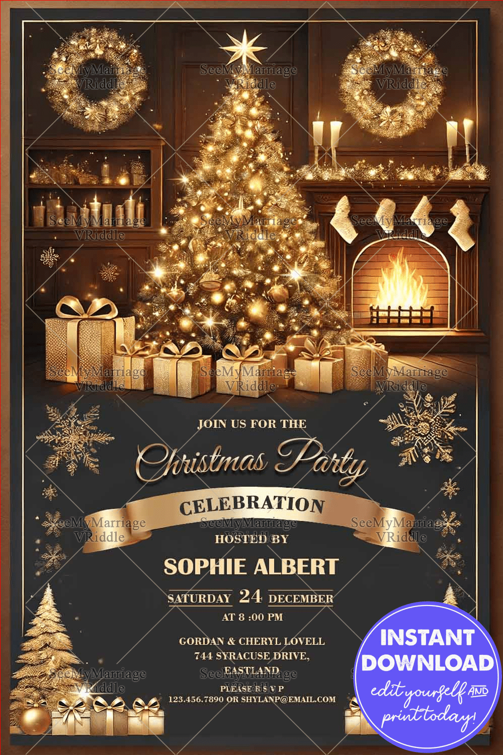 Golden Glow Christmas Party Invitation with Fireplace & Festive Decor Accents