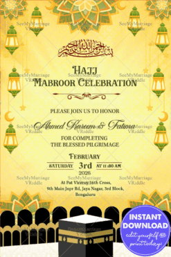 Golden Islamic Hajj Invitation with Kaaba Illustration, Hanging Lanterns, and Sacred Motifs