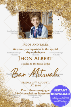 Golden Sparkle Bar Mitzvah Invitation with Add Photo Option Highlight in White BG