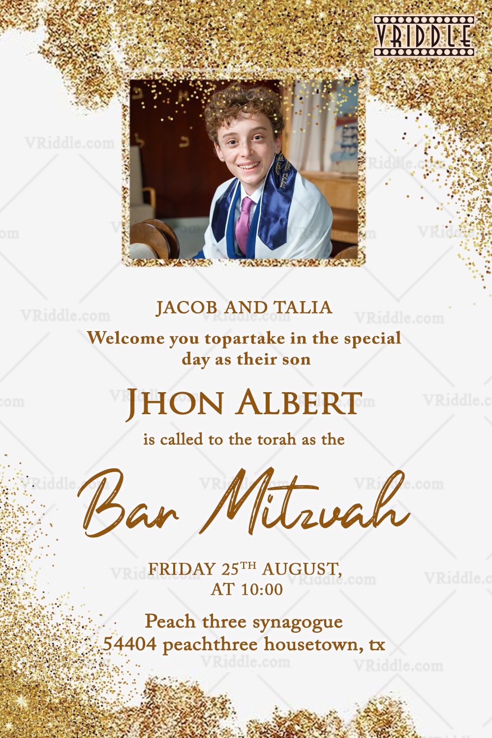 Golden Sparkle Bar Mitzvah Invitation with Add Photo Option Highlight in White BG
