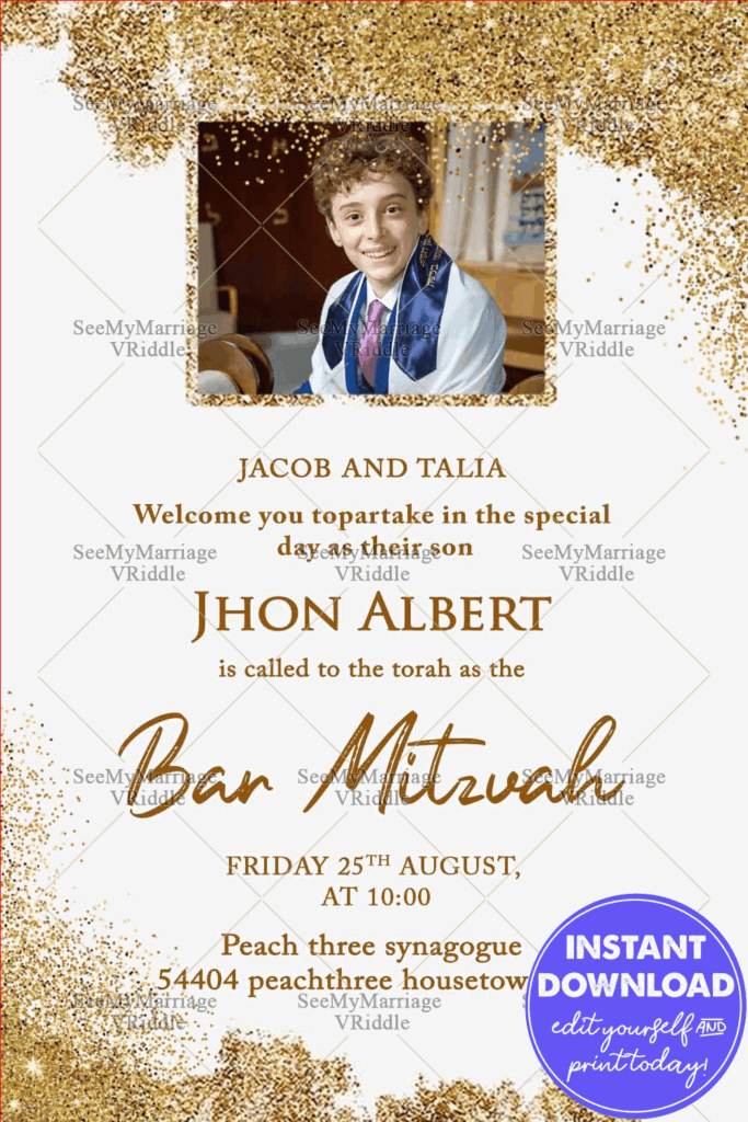 Golden Sparkle Bar Mitzvah Invitation with Add Photo Option Highlight in White BG