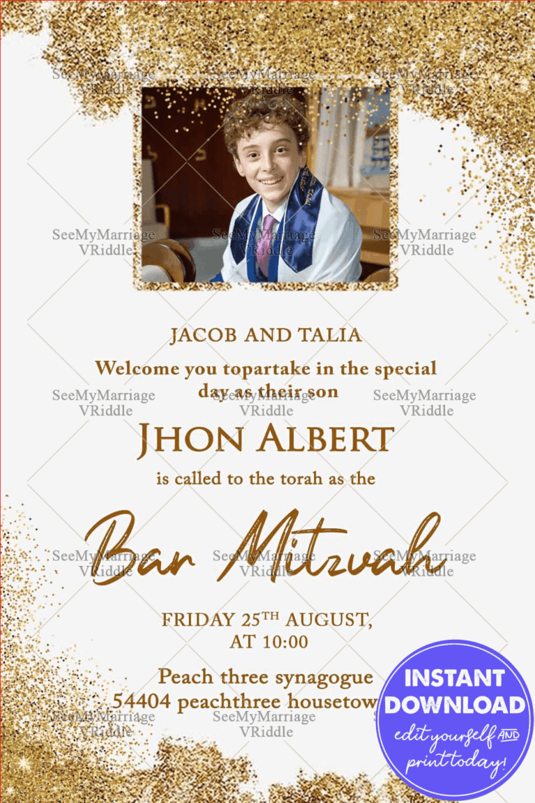 Golden Sparkle Bar Mitzvah Invitation with Add Photo Option Highlight in White BG