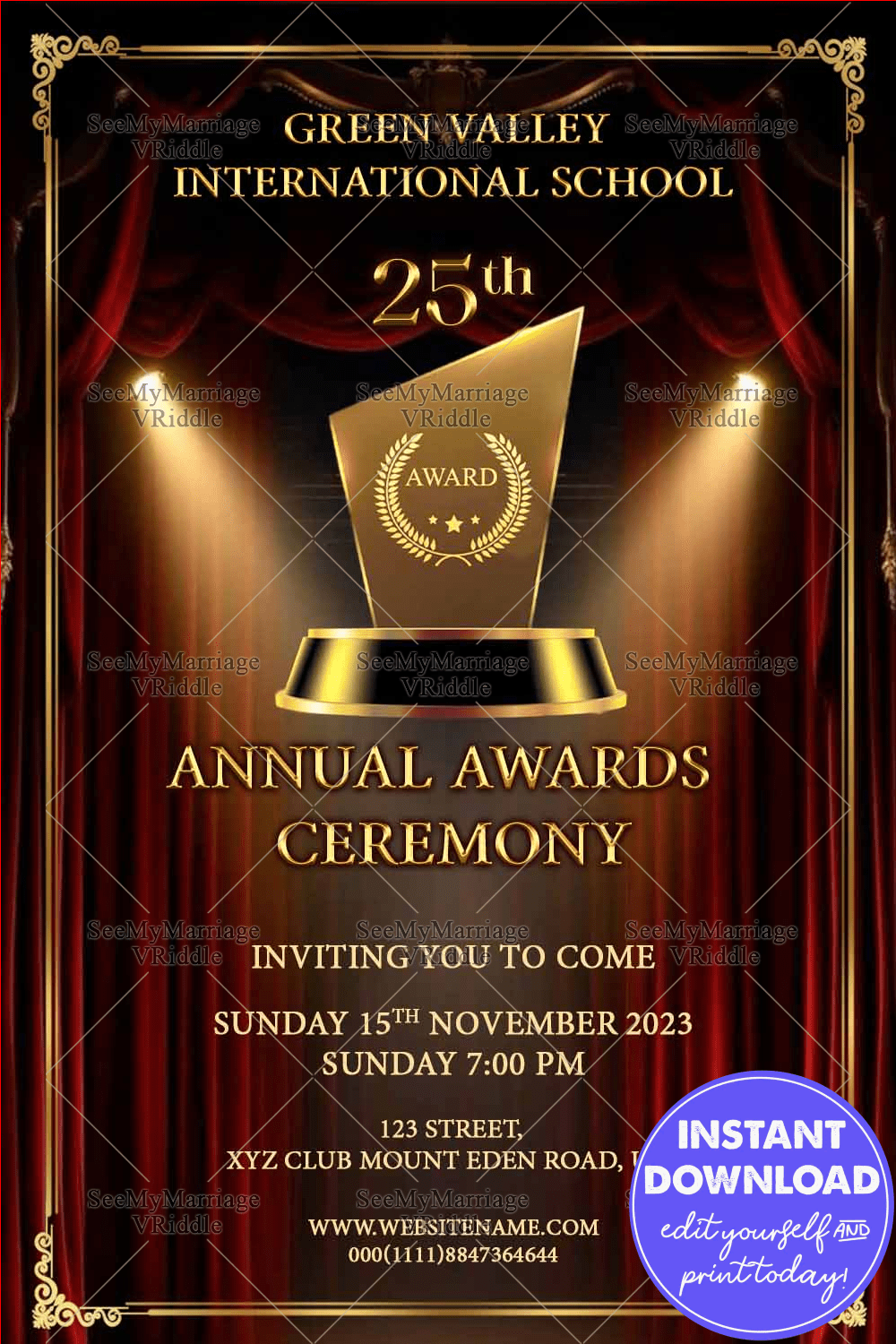 Golden Spotlight Awards Night Invitation with luxurious Stage Theme