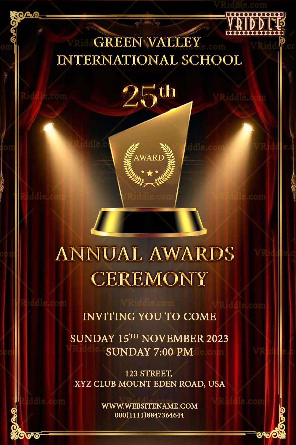 Golden Spotlight Awards Night Invitation with luxurious Stage Theme