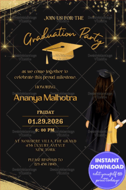 Graduation Invitation with Golden Accents, Sparkling Lights, and Confident Girl Illustration