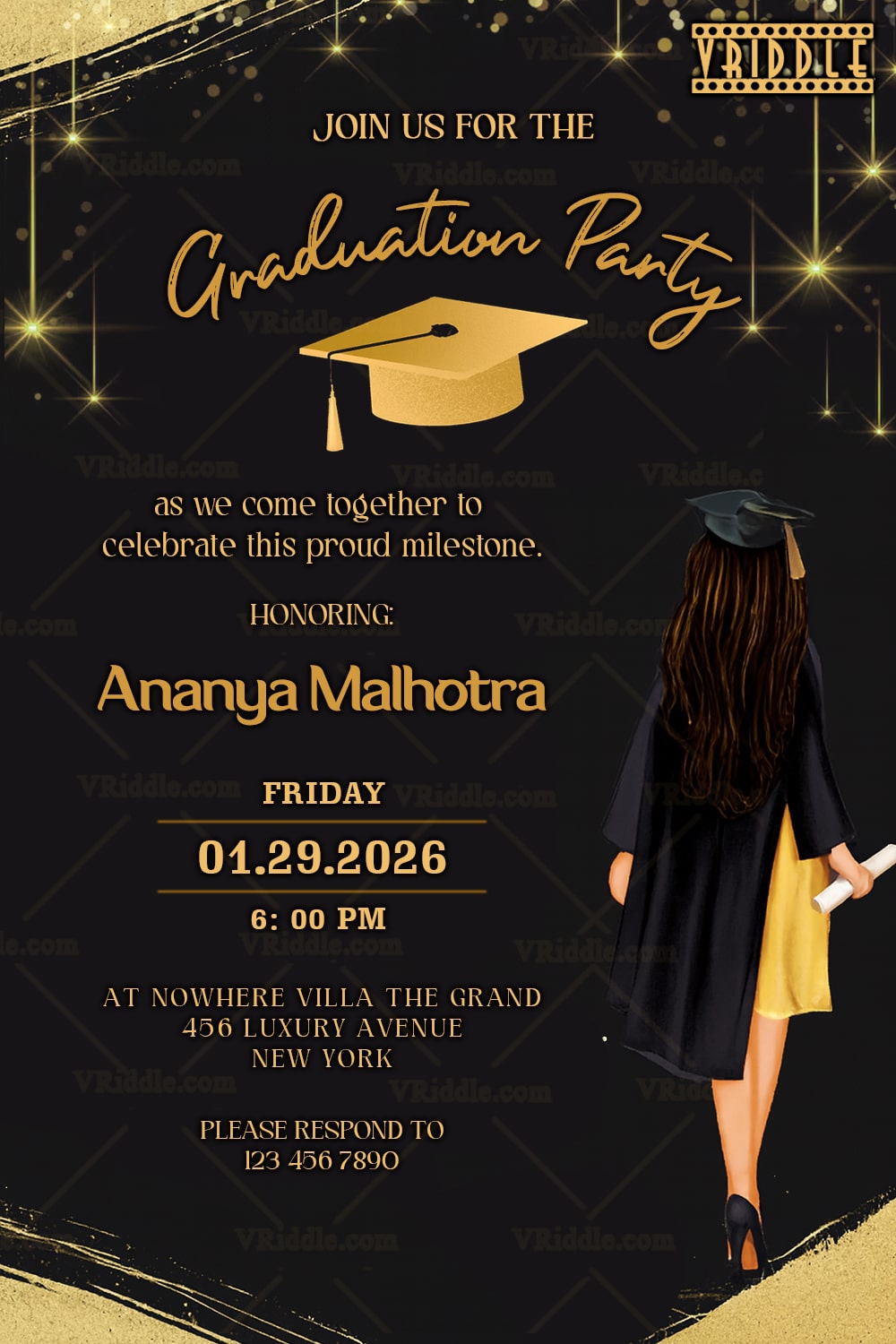 Graduation Invitation with Golden Accents, Sparkling Lights, and Confident Girl Illustration