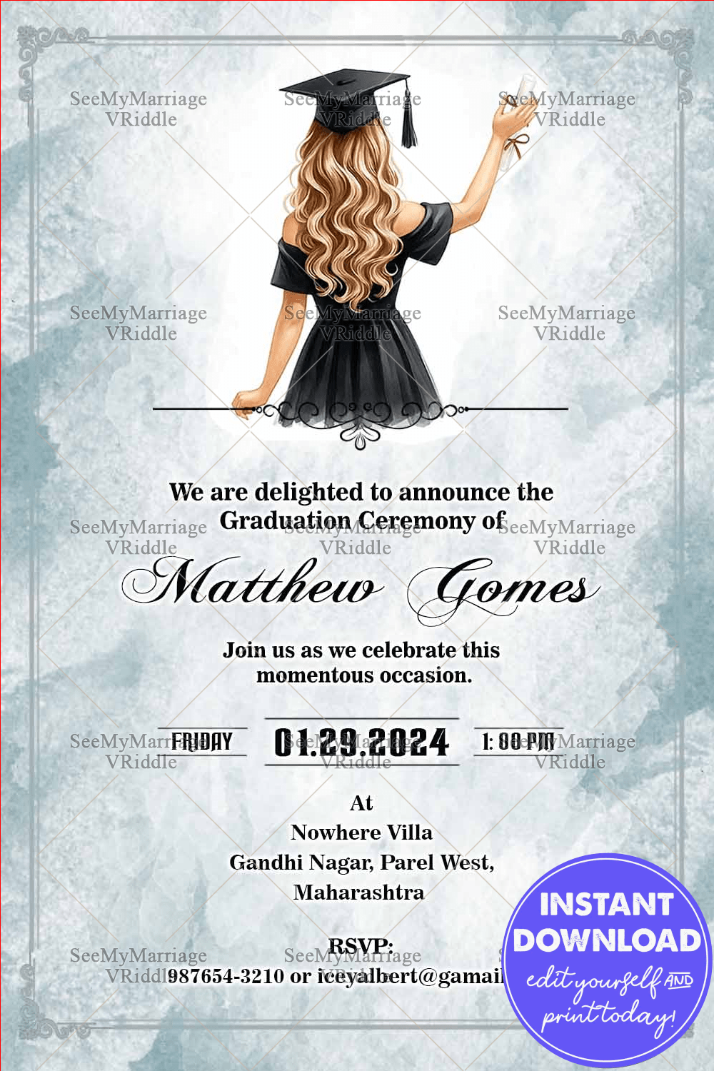 Graduation Invitation with Graduate Girl Illustration and Soft Blue Watercolor Hues
