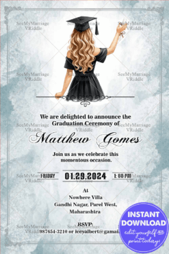 Graduation Invitation with Graduate Girl Illustration and Soft Blue Watercolor Hues
