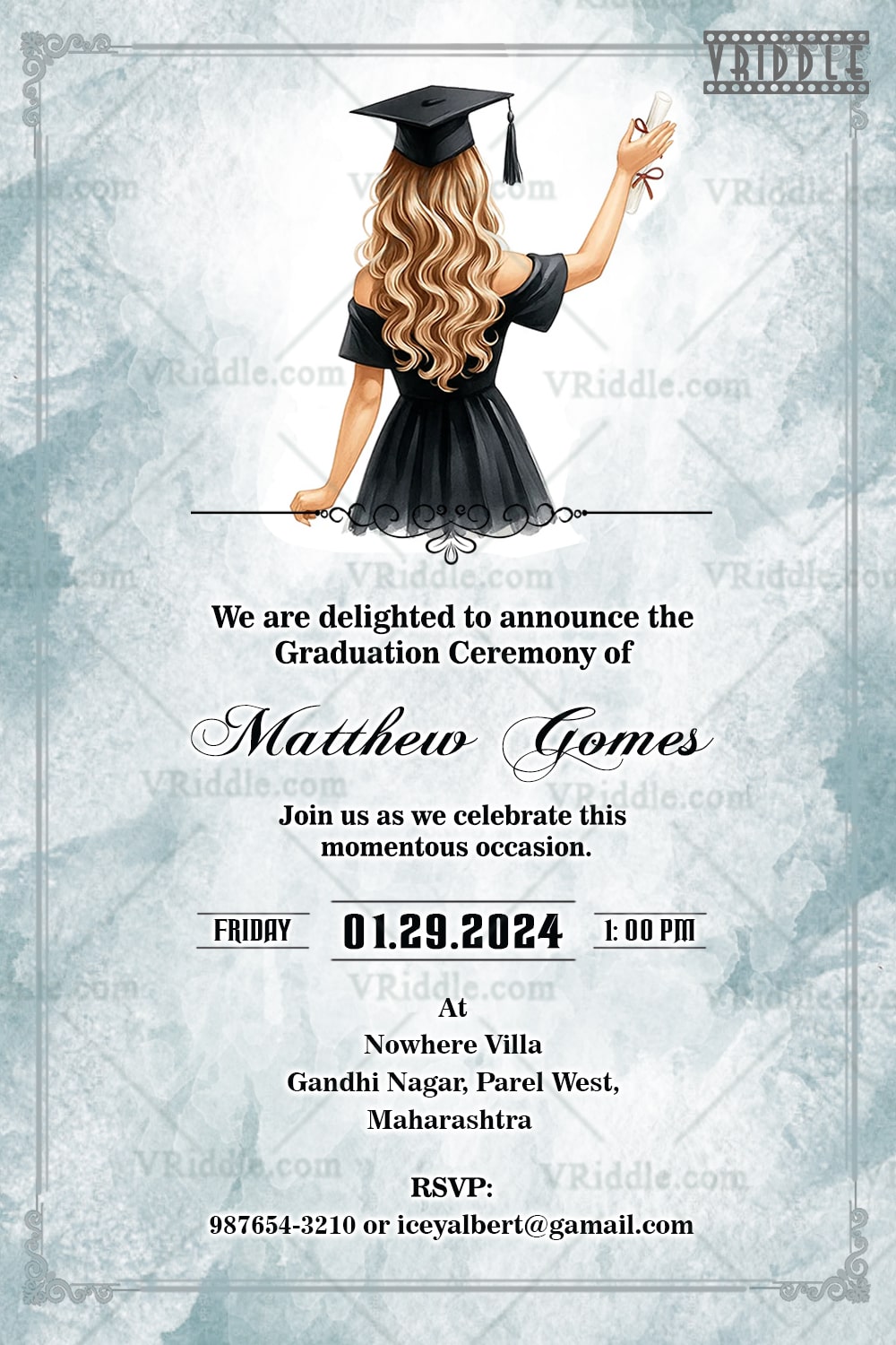 Graduation Invitation with Graduate Girl Illustration and Soft Blue Watercolor Hues