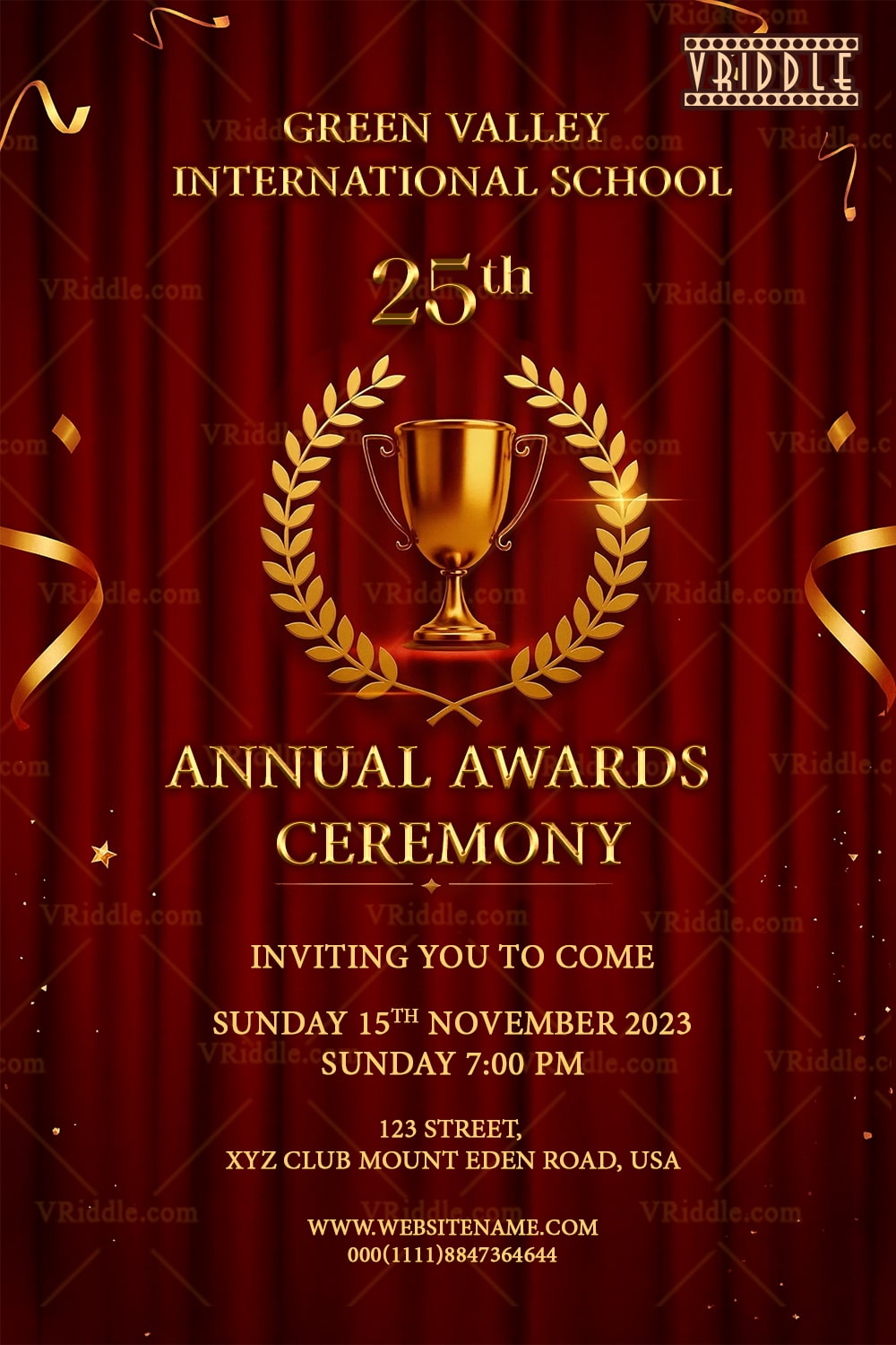 Grand Awards Night Invitation with Red Curtain Backdrop and Golden Trophy Accents
