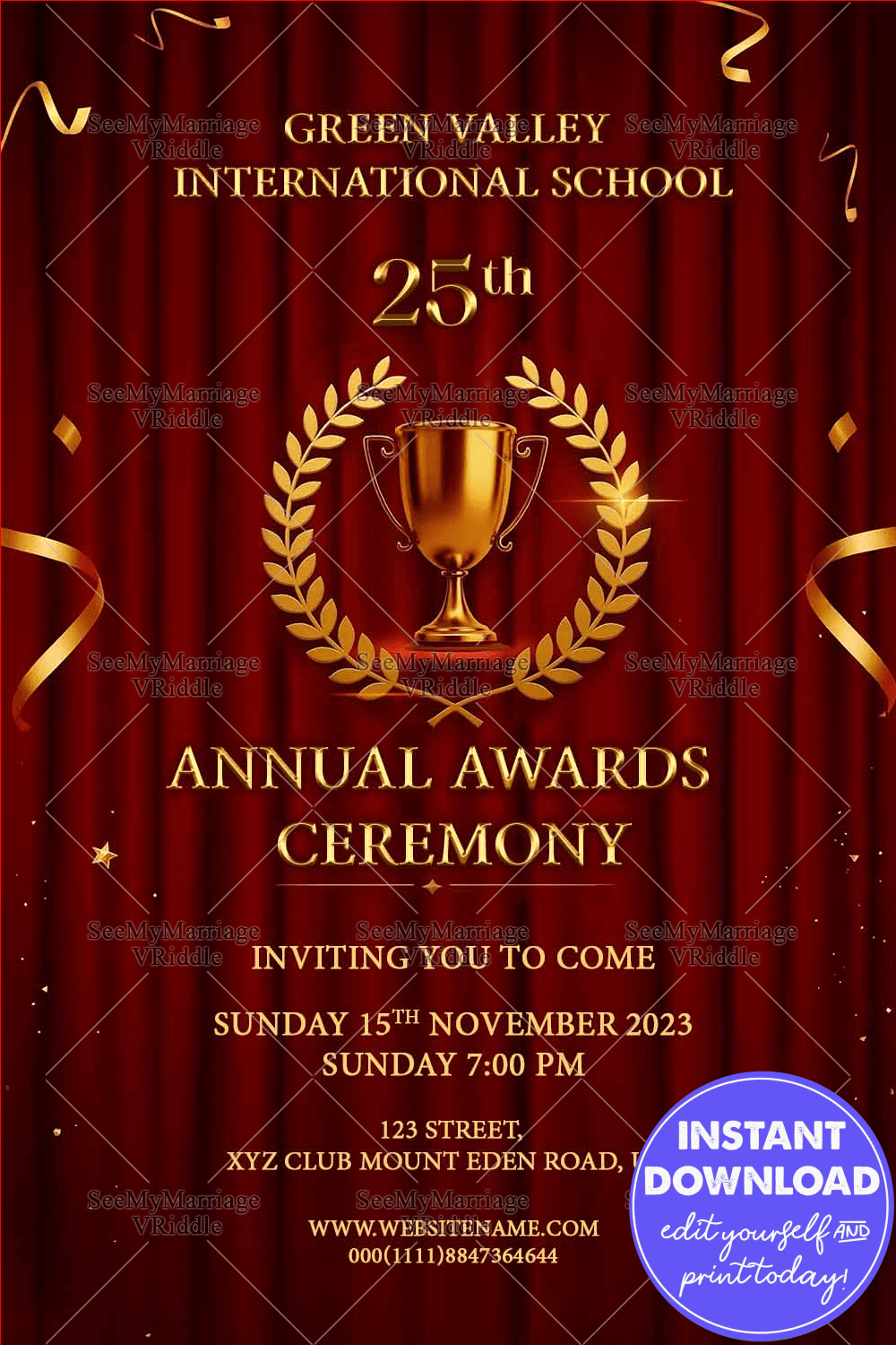 Grand Awards Night Invitation with Red Curtain Backdrop and Golden Trophy Accents