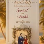 Lotus Mandap on Water 3D Wedding Invitation Video with Couple Illustration and Save The Date, Ring, Haldi, Mehendi, Sangeet, Reception