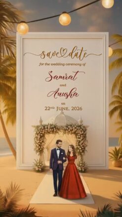 Lotus Mandap on Water 3D Wedding Invitation Video with Couple Illustration and Save The Date, Ring, Haldi, Mehendi, Sangeet, Reception