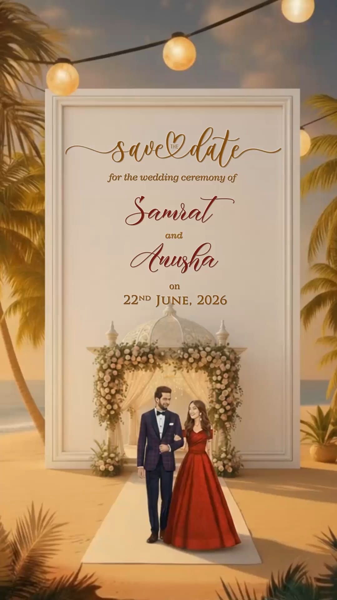 Lotus Mandap on Water 3D Wedding Invitation Video with Couple Illustration and Save The Date, Ring, Haldi, Mehendi, Sangeet, Reception