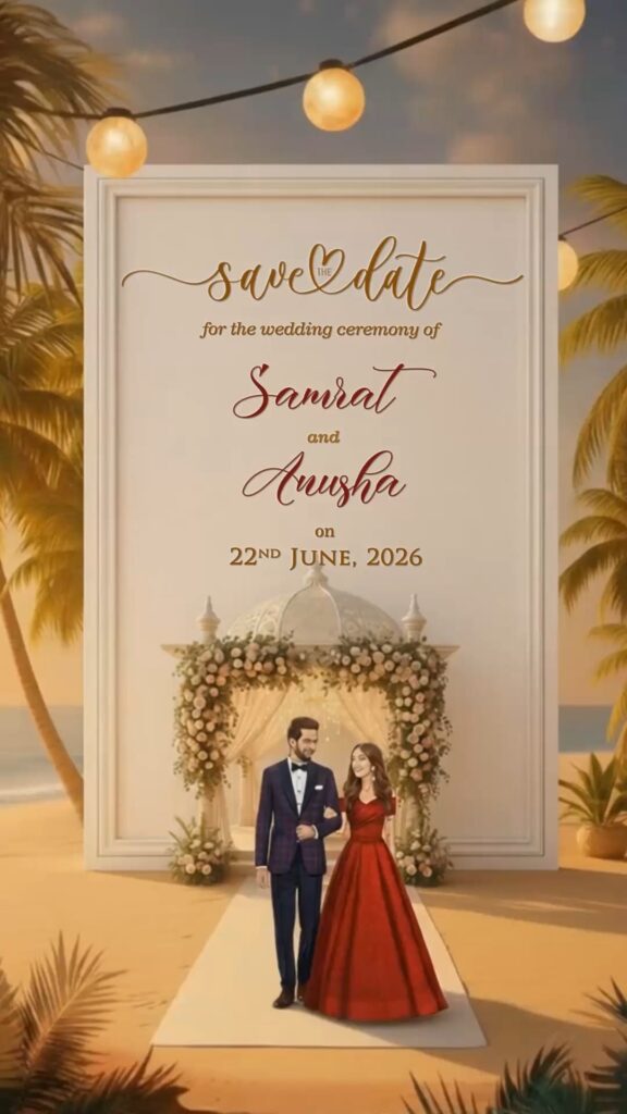 Lotus Mandap on Water 3D Wedding Invitation Video with Couple Illustration and Save The Date, Ring, Haldi, Mehendi, Sangeet, Reception