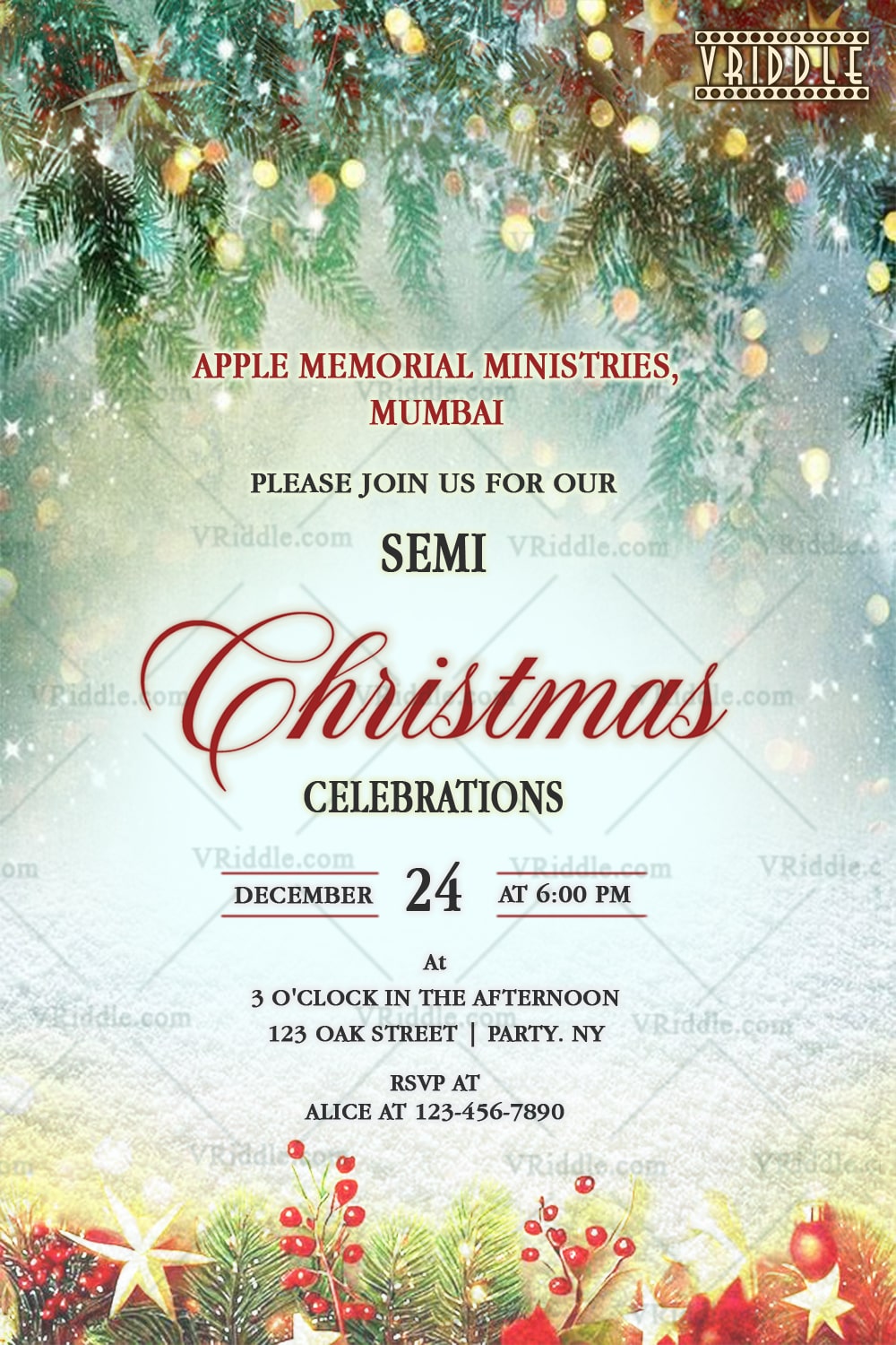 Magical Snow Christmas Invitation with Sparkling Pine Canopy & Festive Accents