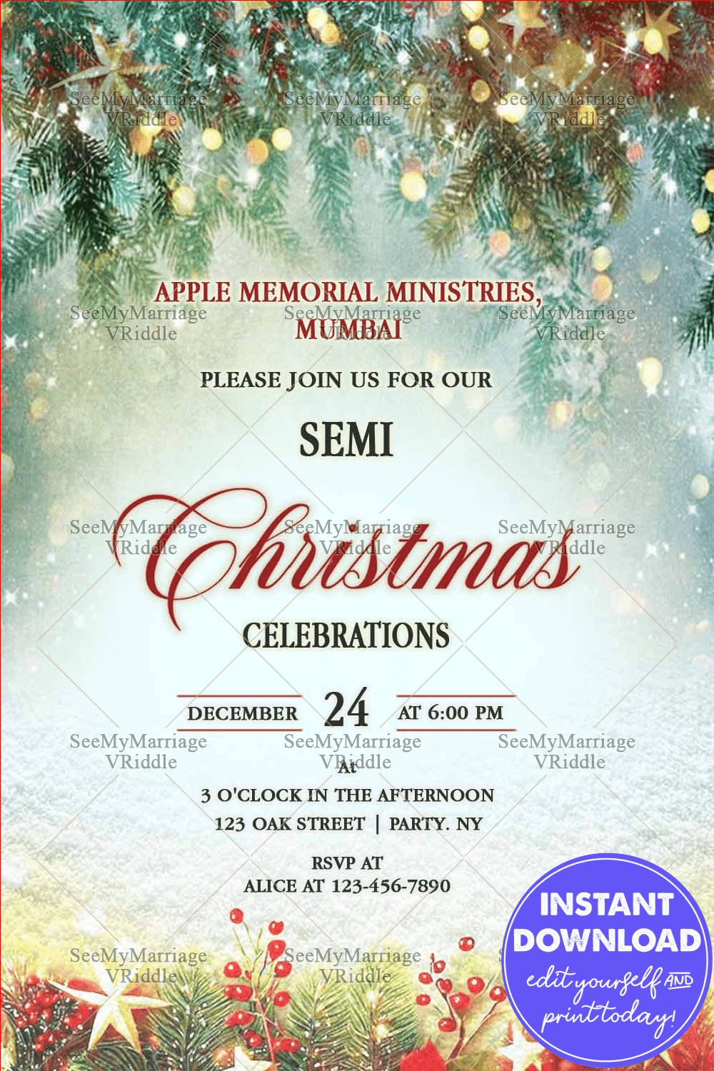 Magical Snow Christmas Invitation with Sparkling Pine Canopy & Festive Accents