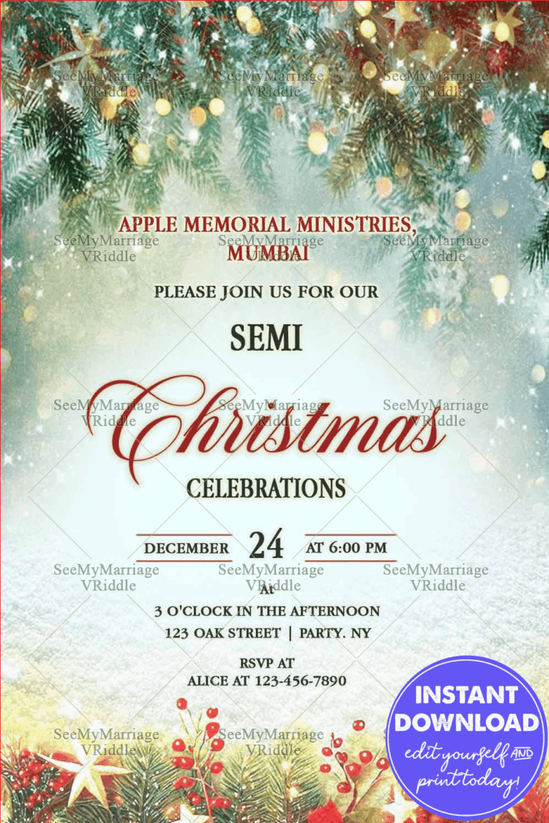 Magical Snow Christmas Invitation with Sparkling Pine Canopy & Festive Accents