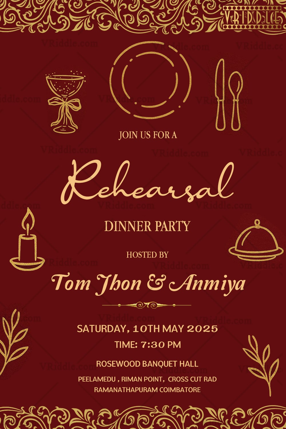 Maroon Rehearsal Dinner Invite with Golden Dining Icons and Ornamental Flourishes