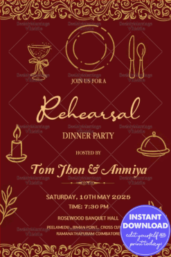Maroon Rehearsal Dinner Invite with Golden Dining Icons and Ornamental Flourishes