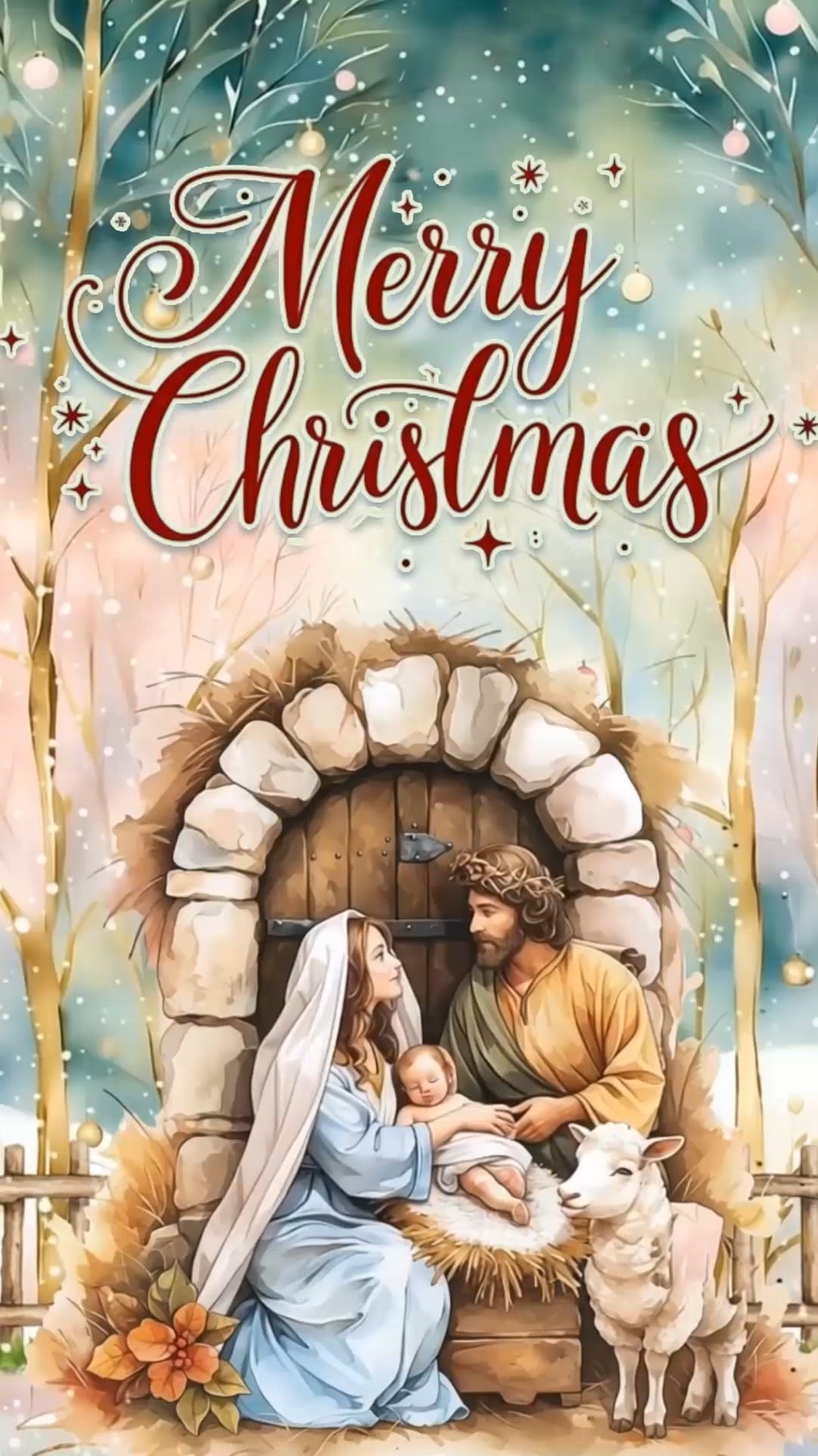 Nativity Scene Merry Christmas Invitation Video with Holy Family, Baby Jesus in Stone Stable and Santa Claus