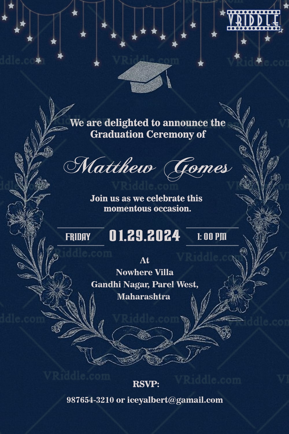 Navy Blue Graduation Invitation with Floral Motif and Hanging Star Lights