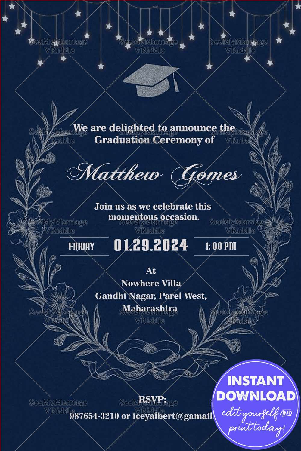 Navy Blue Graduation Invitation with Floral Motif and Hanging Star Lights