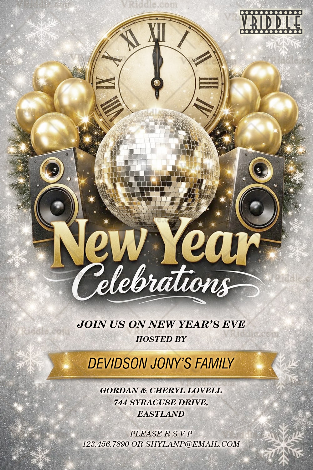 New Year Celebration Invitation with Golden Disco Ball, Sparkling Snowflakes & Countdown Clock Theme