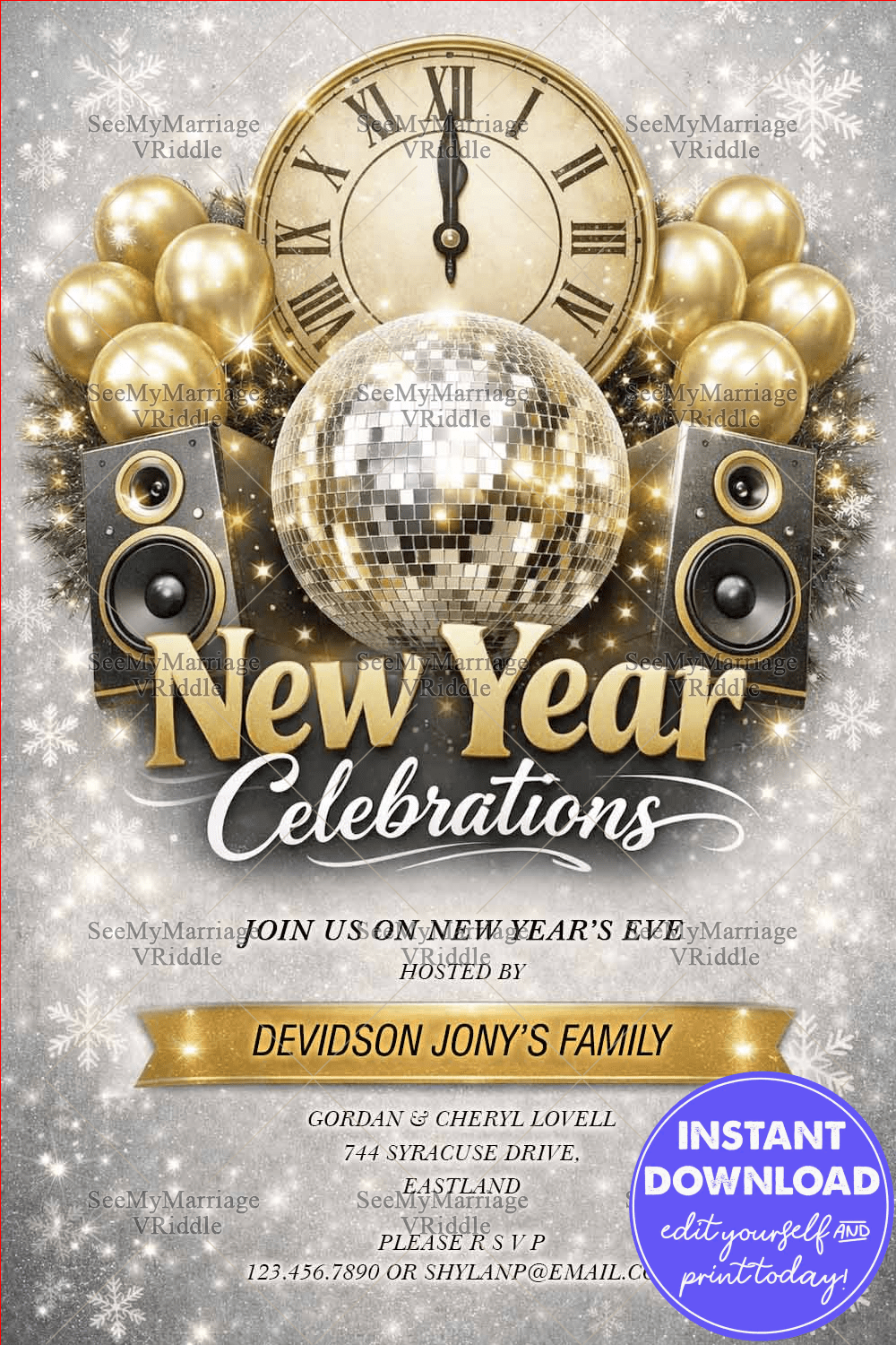 New Year Celebration Invitation with Golden Disco Ball, Sparkling Snowflakes & Countdown Clock Theme