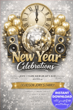 New Year Celebration Invitation with Golden Disco Ball, Sparkling Snowflakes & Countdown Clock Theme