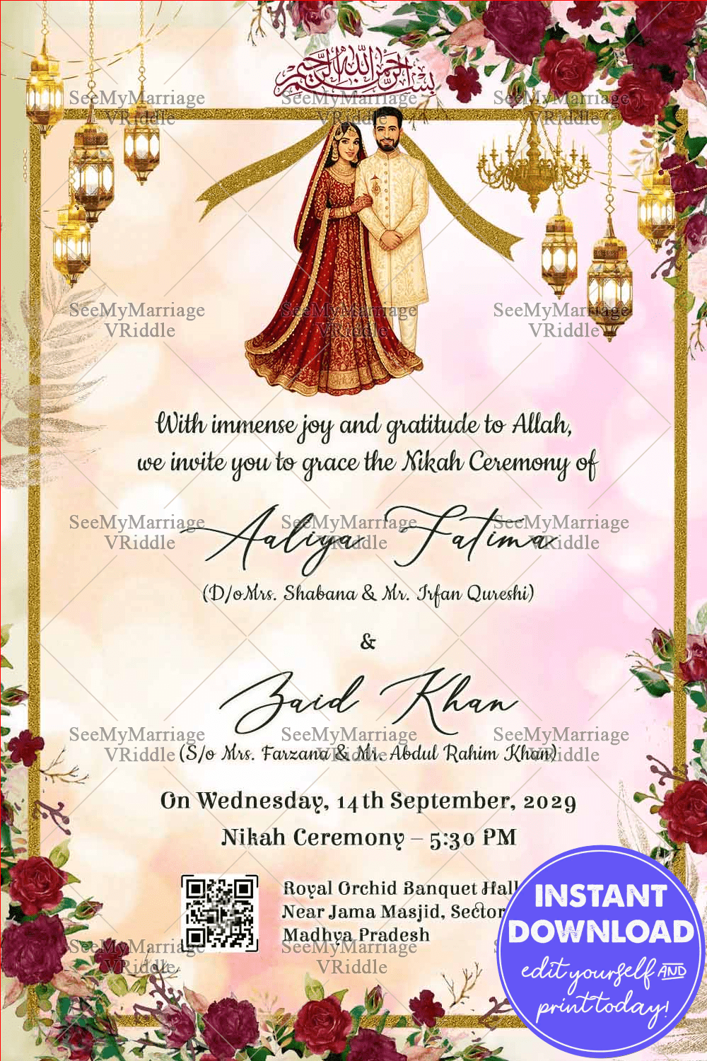 Nikah Invitation Card with Red Rose Floral Accents and Glowing Lanterns in Pastel Background