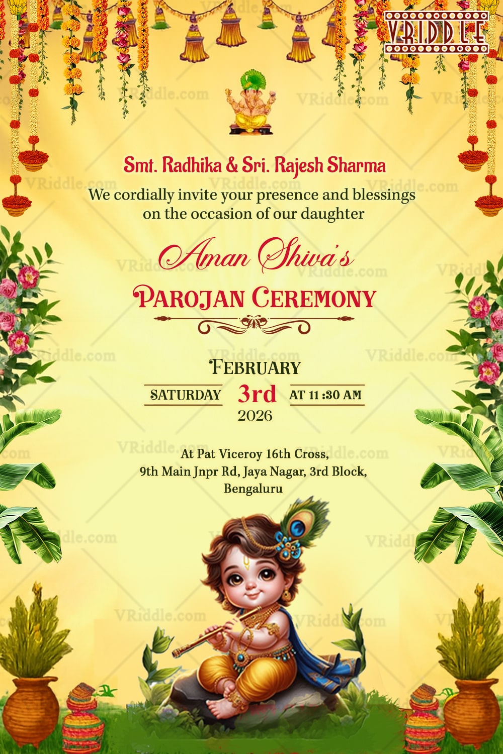 Parojan Ceremony Invitation with Baby Krishna Illustration, Floral Garland Decor & Festive Yellow Backdrop