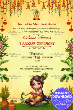 Parojan Ceremony Invitation with Baby Krishna Illustration, Floral Garland Decor & Festive Yellow Backdrop