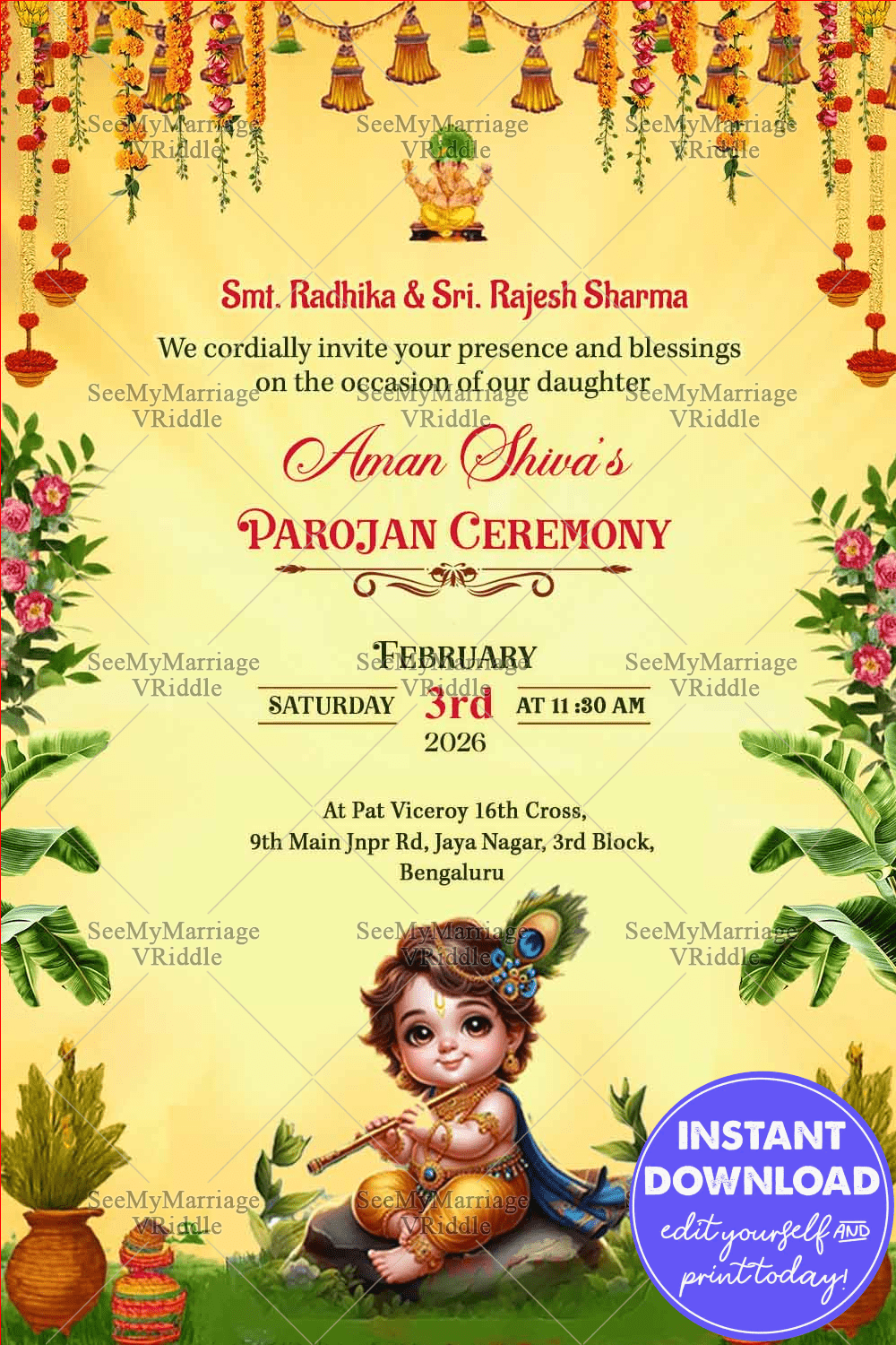 Parojan Ceremony Invitation with Baby Krishna Illustration, Floral Garland Decor & Festive Yellow Backdrop