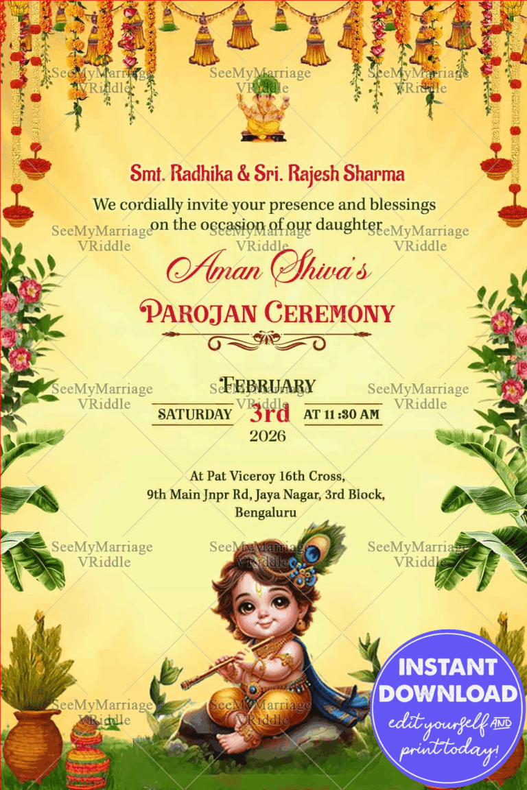Parojan Ceremony Invitation with Baby Krishna Illustration, Floral Garland Decor & Festive Yellow Backdrop