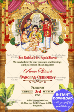 Parojan Ceremony Invitation with Ornate Golden Arch, Temple Backdrop, and Family Ritual Illustration