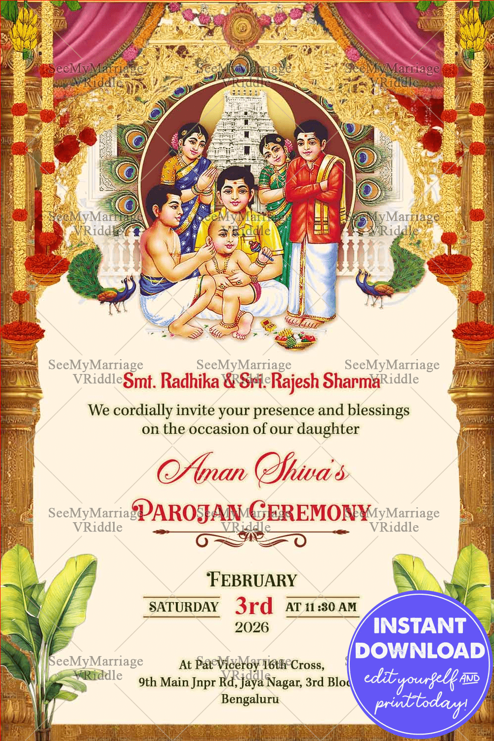 Parojan Ceremony Invitation with Ornate Golden Arch, Temple Backdrop, and Family Ritual Illustration