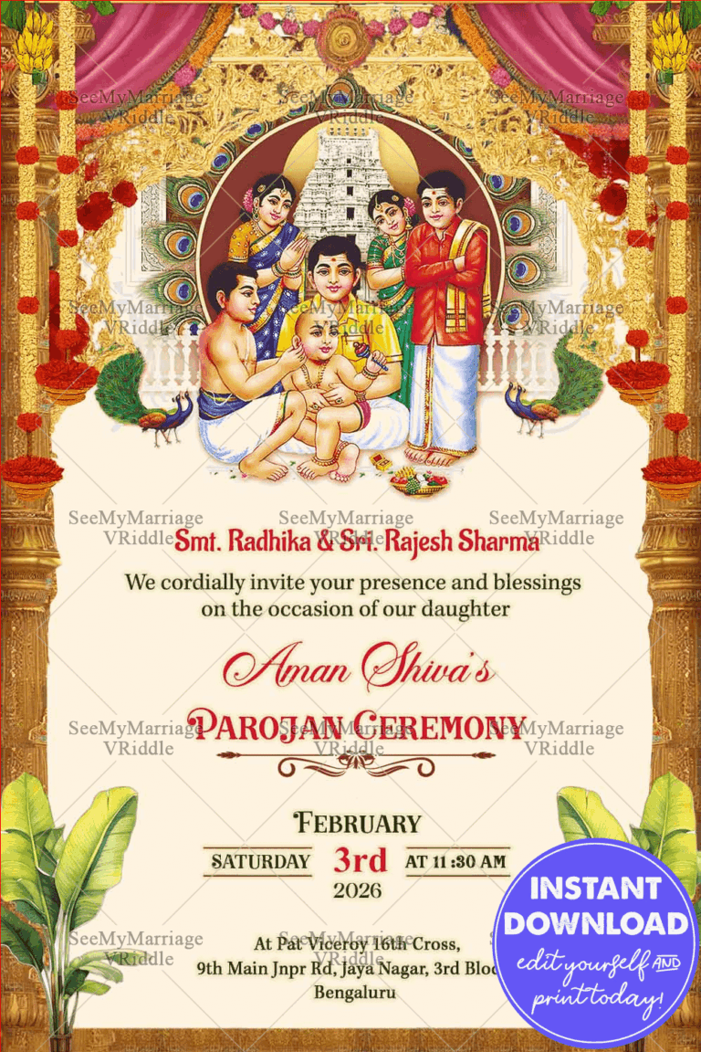 Parojan Ceremony Invitation with Ornate Golden Arch, Temple Backdrop, and Family Ritual Illustration
