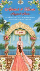 Punjabi Couple Wedding Save the Date Video with Bride Walking Towards Her Groom Under a Luxurious Floral Mandap by the Lakeside