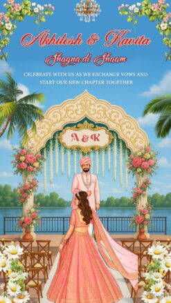 Punjabi Couple Wedding Save the Date Video with Bride Walking Towards Her Groom Under a Luxurious Floral Mandap by the Lakeside