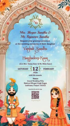 Punjabi Wedding Invitation Video with Illustrated Bride and Groom in Ethnic Attire, Ornate Floral Arch Design